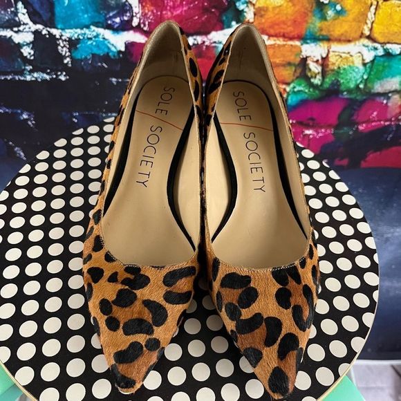 Sole Society Pumps Andorra Leopard Block Heel Shoes 9M Animal Fur - Picture 3 of 10